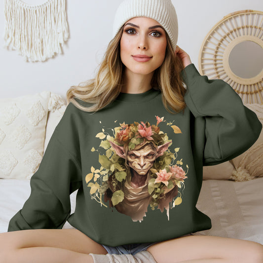 Boho Goblin Magic Halloween Sweatshirt for women. Features a charming goblin surrounded by muted florals. Perfect for Halloween celebrations. Available in multiple dark and light colors and sizes. Gildan 18000 sweatshirt in Military Green. ReadyShirtAim.com