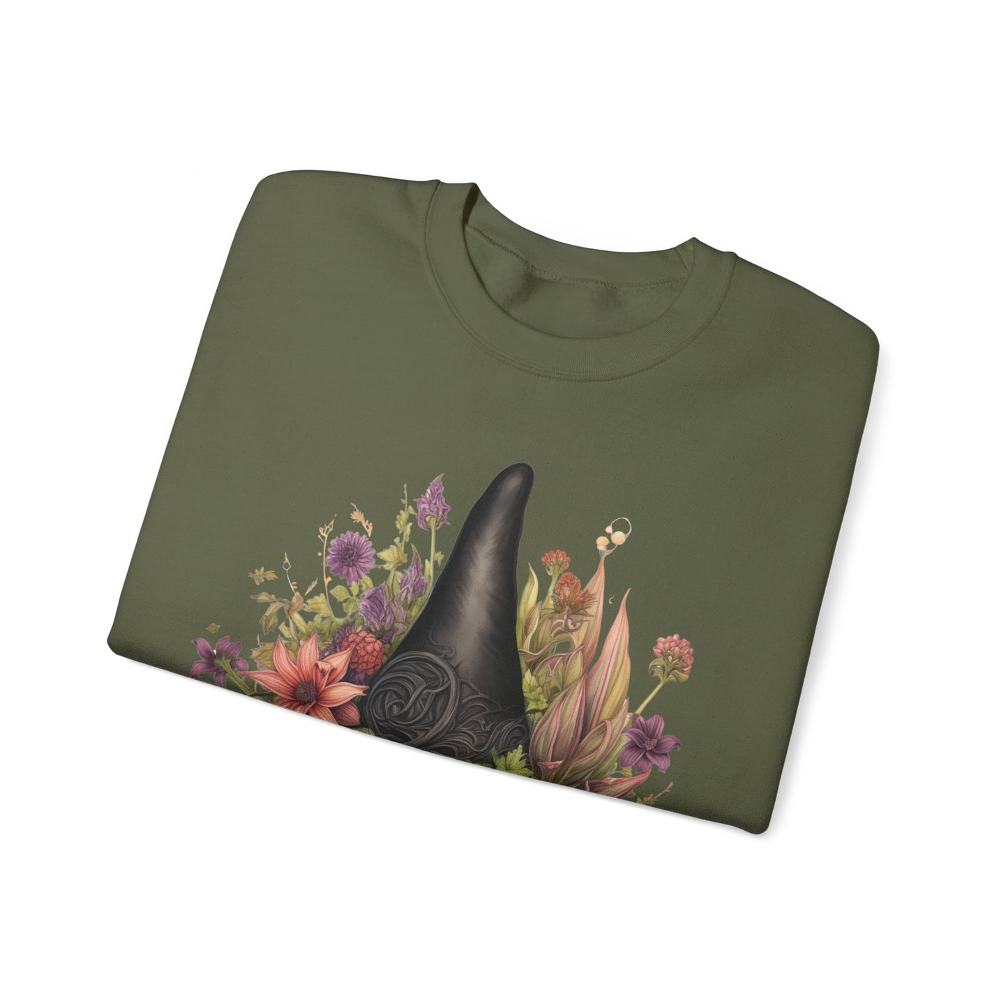 Gothic Boho Witch Hat & Flowers Halloween Sweatshirt for Women with a detailed witch hat and floral illustration. Perfect for Halloween celebrations. Available in multiple dark and light colors and sizes. Gildan 18000 sweatshirt in Military Green. ReadyShirtAim.com