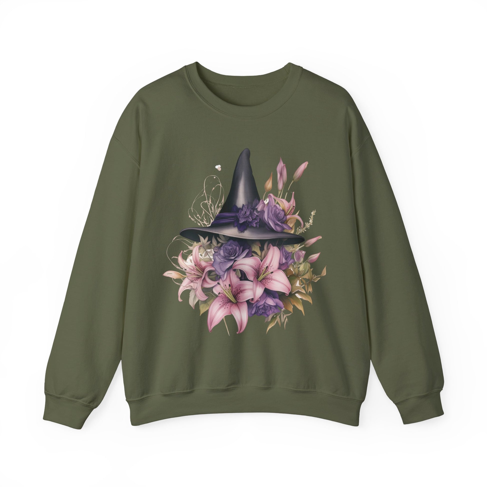 Enchanting Bohemian Witch Hat Sweatshirt with a watercolor illustration of a black witch hat surrounded by flowers in purple, pink, and green tones. Available in multiple dark ang light colors and sizes. Gildan 18000 sweatshirt in Military Green. ReadyShirtAim.com