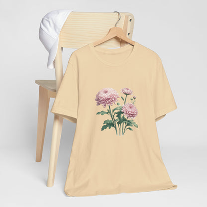 A t-shirt featuring a beautiful chrysanthemum for November. Perfect for November birthdays and floral art lovers. Comfortable and stylish for casual outings or celebrations. Bella+Canvas 3001 t-shirt in soft cream. ReadyShirtAim.com