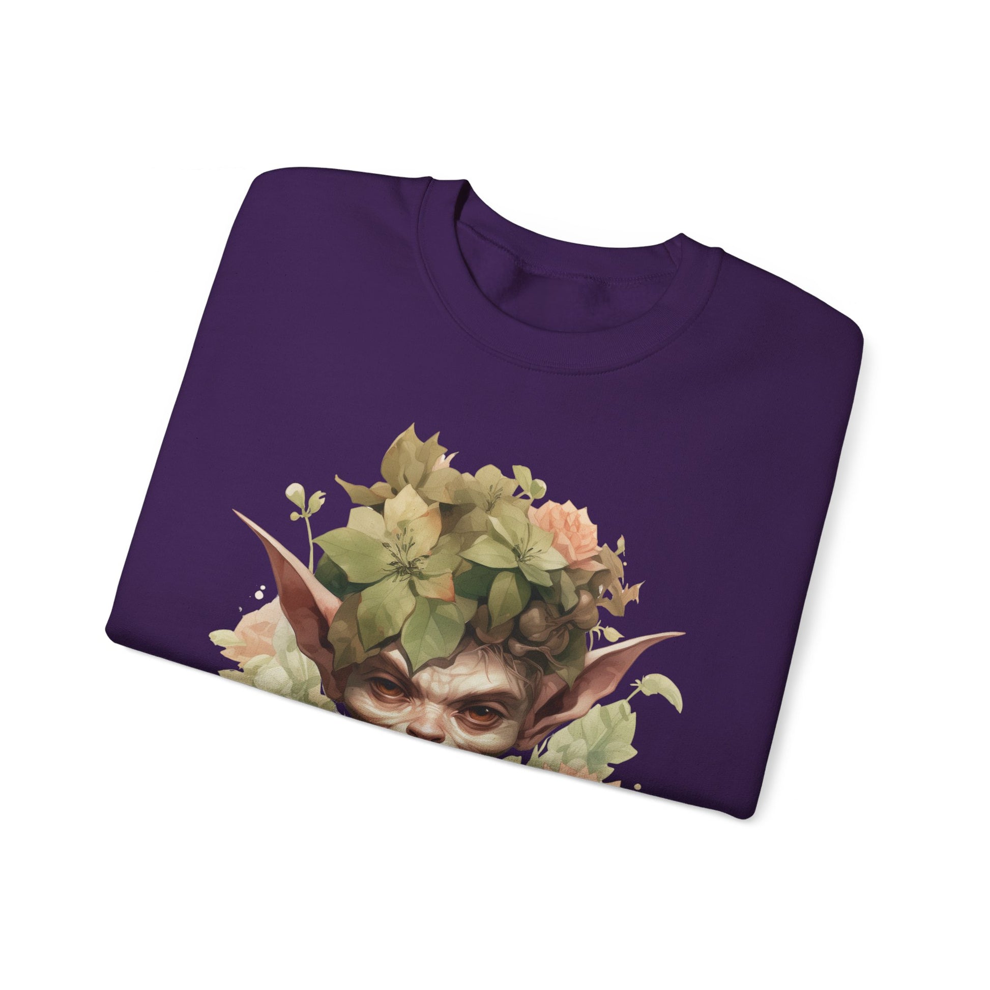 Whimsical Goblin & Floral Boho Halloween Sweatshirt for women. Features a charming goblin surrounded by delicate florals. Perfect for Halloween celebrations. Available in multiple dark and light colors and sizes. Gildan 18000 sweatshirt in Purple. ReadyShirtAim.com