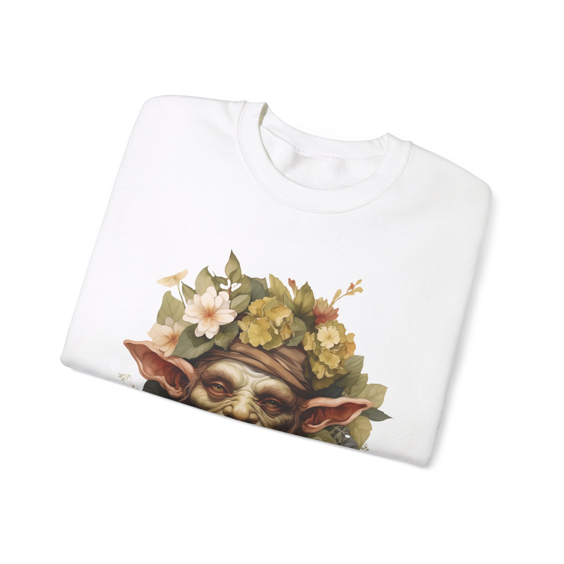 Creepy Cute Goblin Floral Boho Halloween Sweatshirt for women. Features a charming goblin surrounded by muted florals. Perfect for Halloween celebrations. Available in multiple dark and light colors and sizes. Gildan 18000 sweatshirt in white. ReadyShirtAim.com