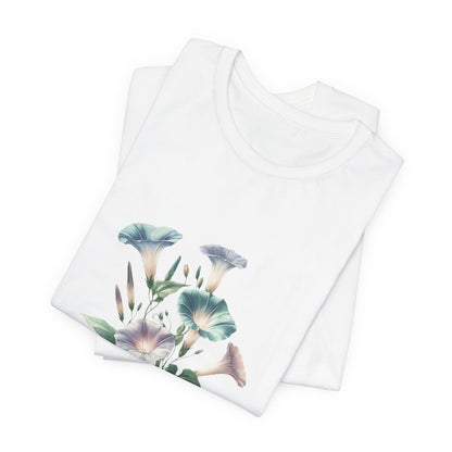 A t-shirt featuring a beautiful morning glory for September. Perfect for September birthdays and floral art lovers. Comfortable and stylish for casual outings or celebrations. Bella+Canvas 3001 t-shirt in white. ReadyShirtAim.com