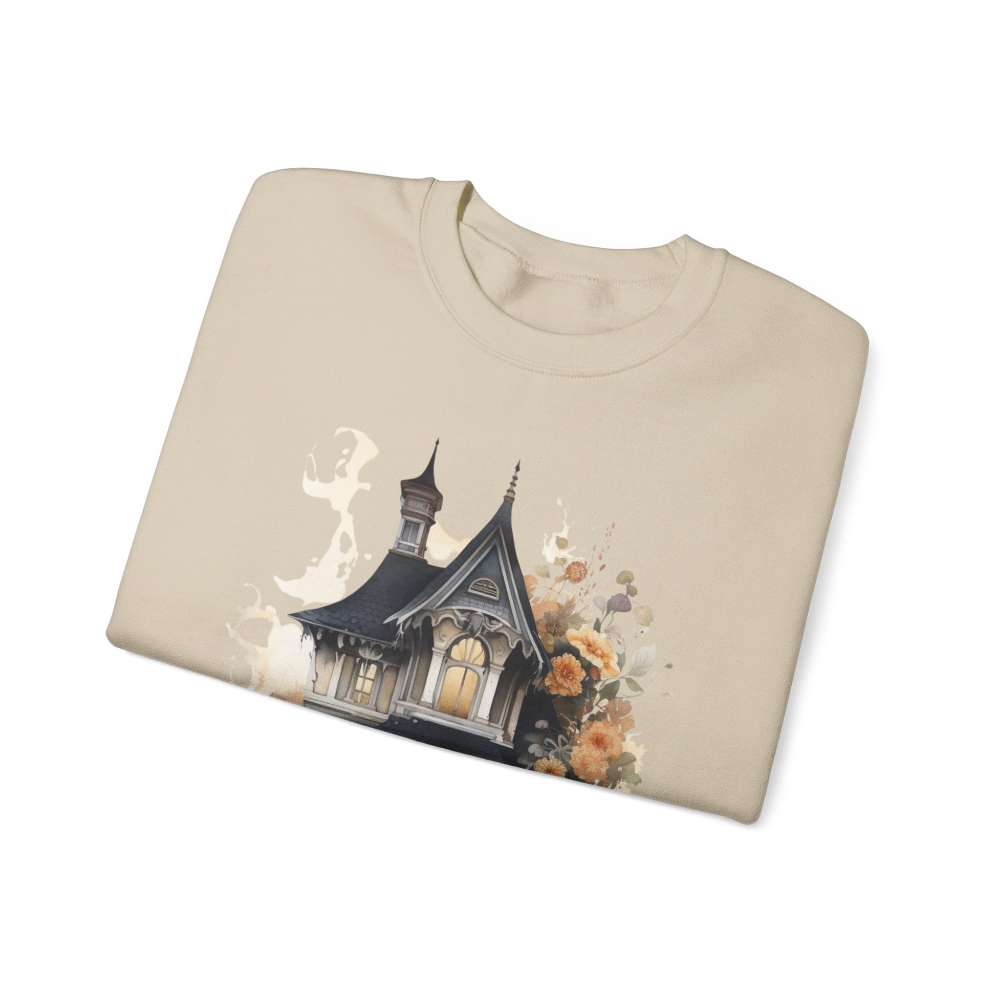 Halloween Boho Sweatshirt for Women featuring a haunted house illustration with boho design elements. Perfect for autumn festivities and casual wear. Gildan 18000 sweatshirt in Sand. ReadyShirtAim.com