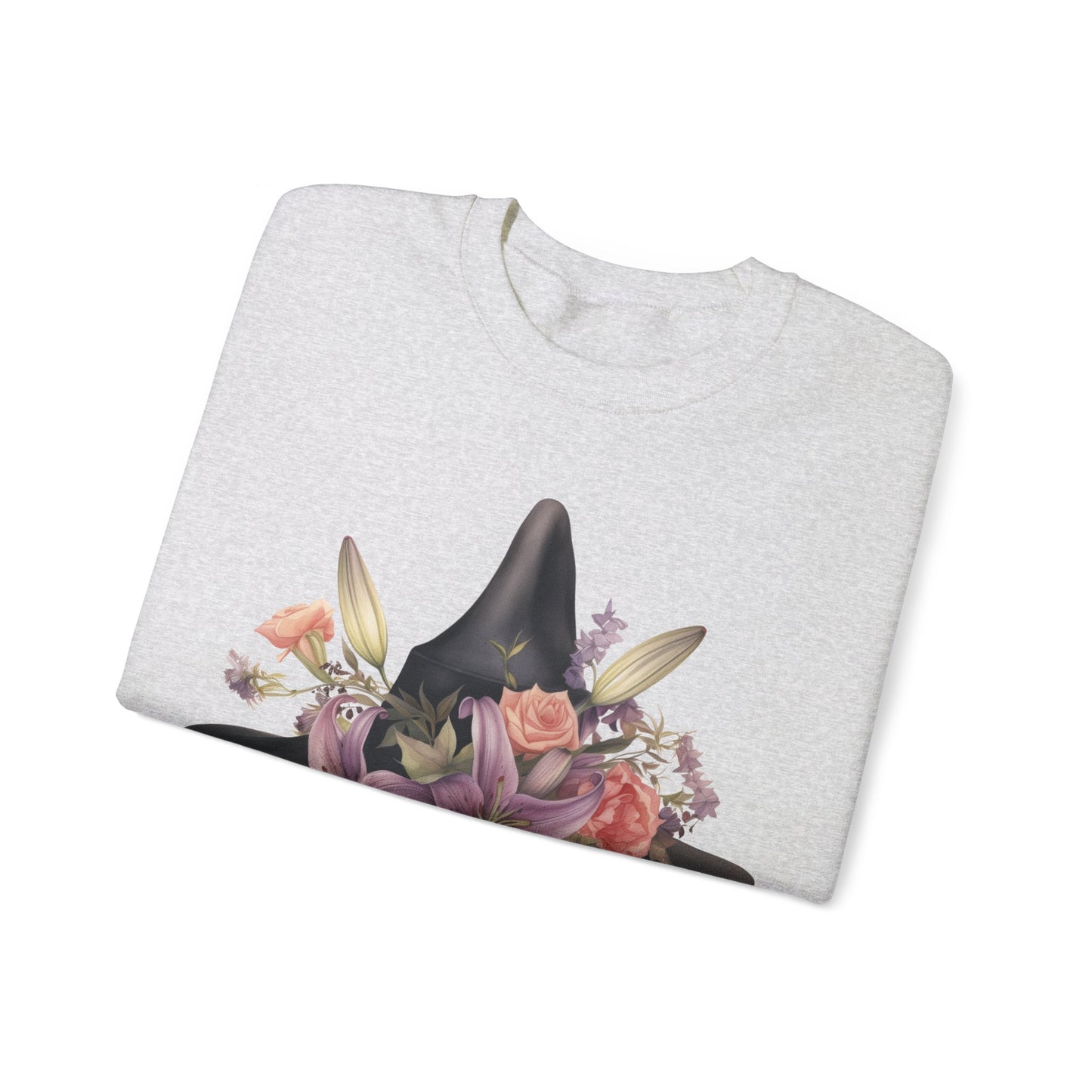 Elegant Witchy Blooms Sweatshirt with a watercolor illustration of a black witch hat and flowers in purple, pink, and green. Available in multiple dark and light colors and sizes. Gildan 18000 sweatshirt in ash. ReadyShirtAim.com