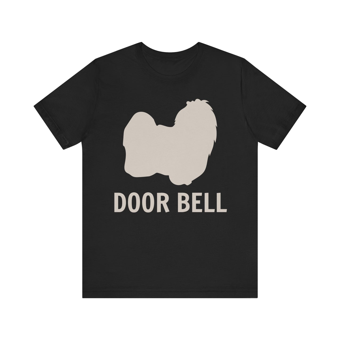 "Door Bell" Maltese Dog T-Shirt for Unisex with a beige silhouette of a Maltese dog and playful "Door Bell" text underneath. Ideal for dog lovers with a sense of humor. Available in multiple colors and sizes. Bella+Canvas 3001 t-shirt in black. ReadyShirtAim.com