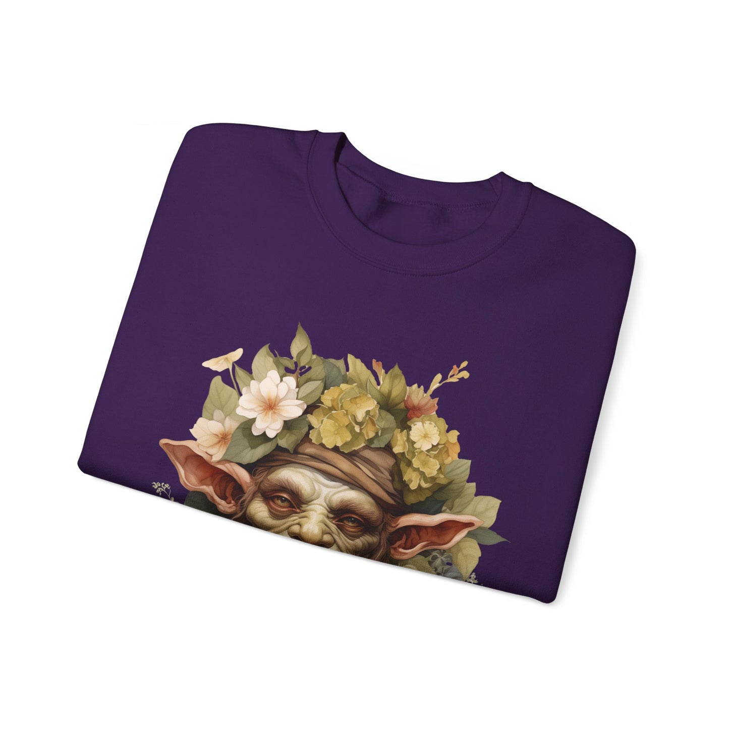 Creepy Cute Goblin Floral Boho Halloween Sweatshirt for women. Features a charming goblin surrounded by muted florals. Perfect for Halloween celebrations. Available in multiple dark and light colors and sizes. Gildan 18000 sweatshirt in Purple. ReadyShirtAim.com