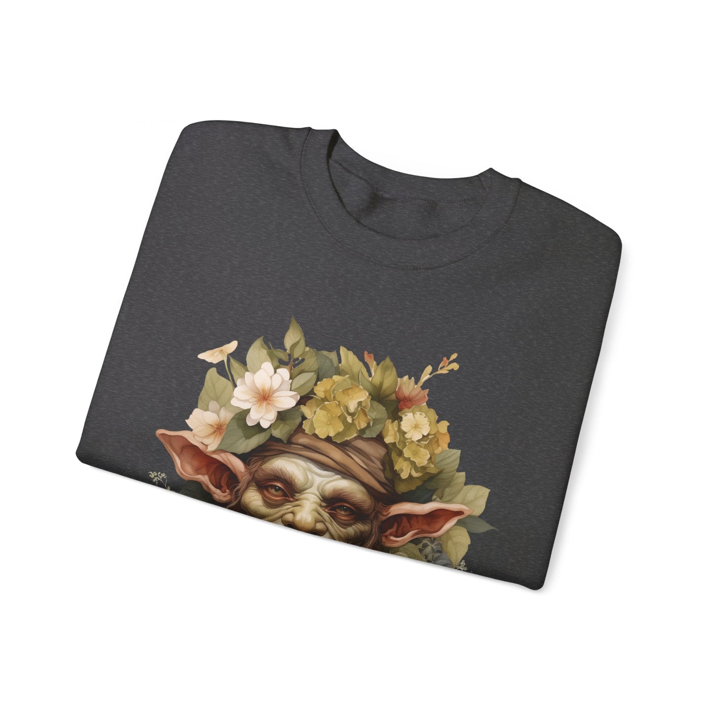 Creepy Cute Goblin Floral Boho Halloween Sweatshirt for women. Features a charming goblin surrounded by muted florals. Perfect for Halloween celebrations. Available in multiple dark and light colors and sizes. Gildan 18000 sweatshirt in Dark Grey Heather. ReadyShirtAim.com