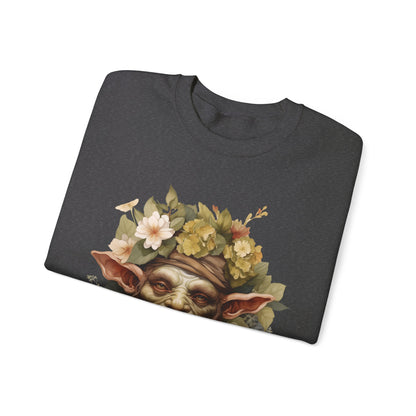 Creepy Cute Goblin Floral Boho Halloween Sweatshirt for women. Features a charming goblin surrounded by muted florals. Perfect for Halloween celebrations. Available in multiple dark and light colors and sizes. Gildan 18000 sweatshirt in Dark Grey Heather. ReadyShirtAim.com