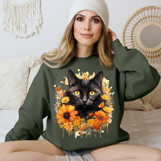 Sudadera de Halloween boho con cara de gato negro "Autumn Twilight" para mujer