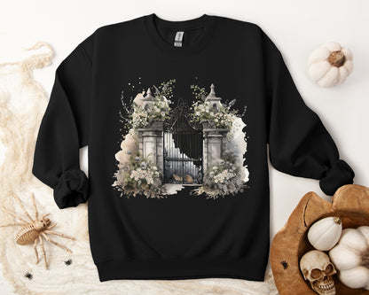 "Haunted Haven" Creepy Cemetery Gates Boho Sudadera de Halloween para mujeres y hombres