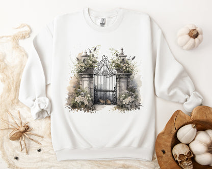 "Haunted Haven" Creepy Cemetery Gates Boho Sudadera de Halloween para mujeres y hombres