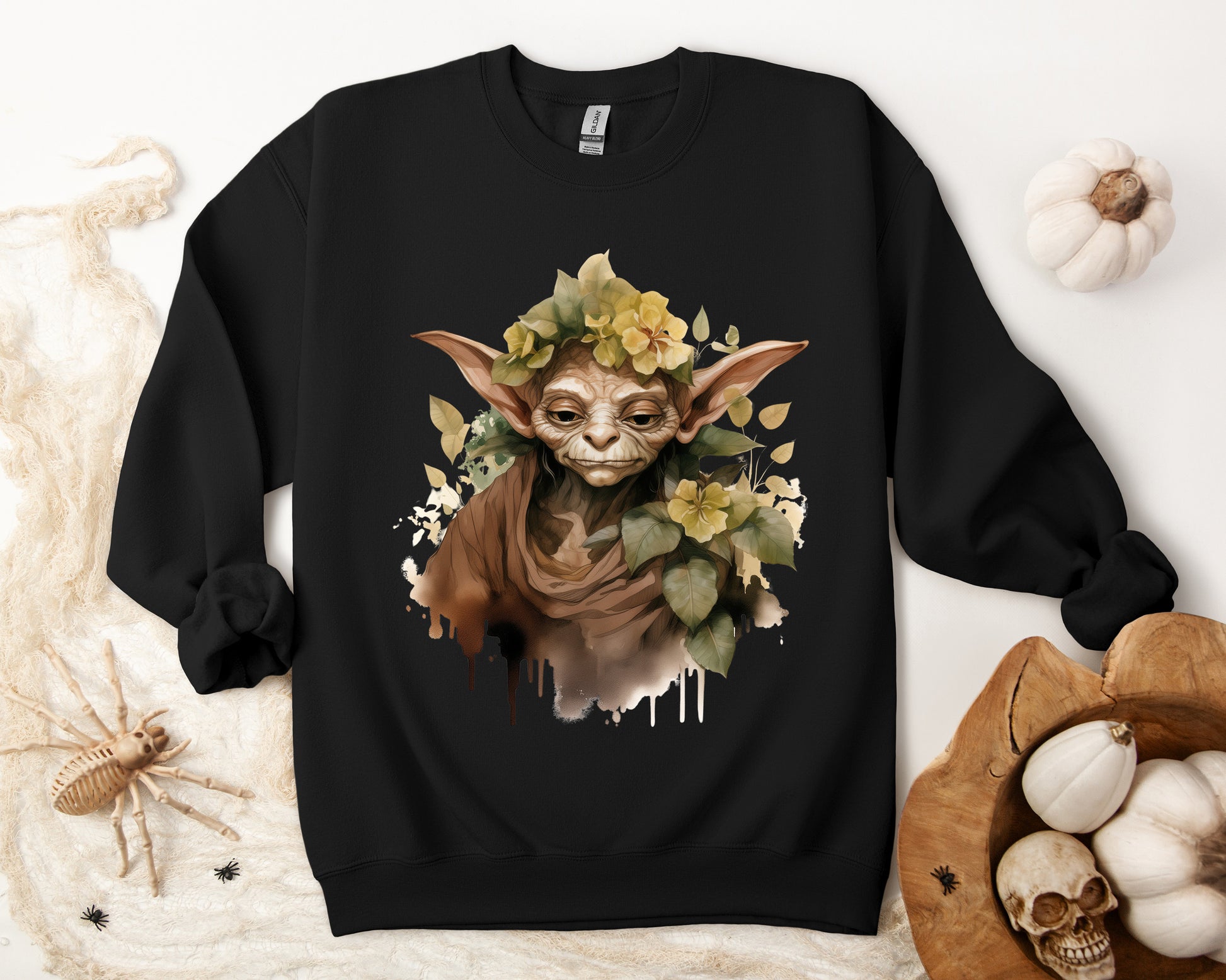 Mystical Goblin Boho Halloween Sweatshirt with a hand-drawn goblin illustration and boho-inspired design elements. Perfect for Halloween celebrations. Gildan 18000 sweatshirt in Black. ReadyShirtAim.com