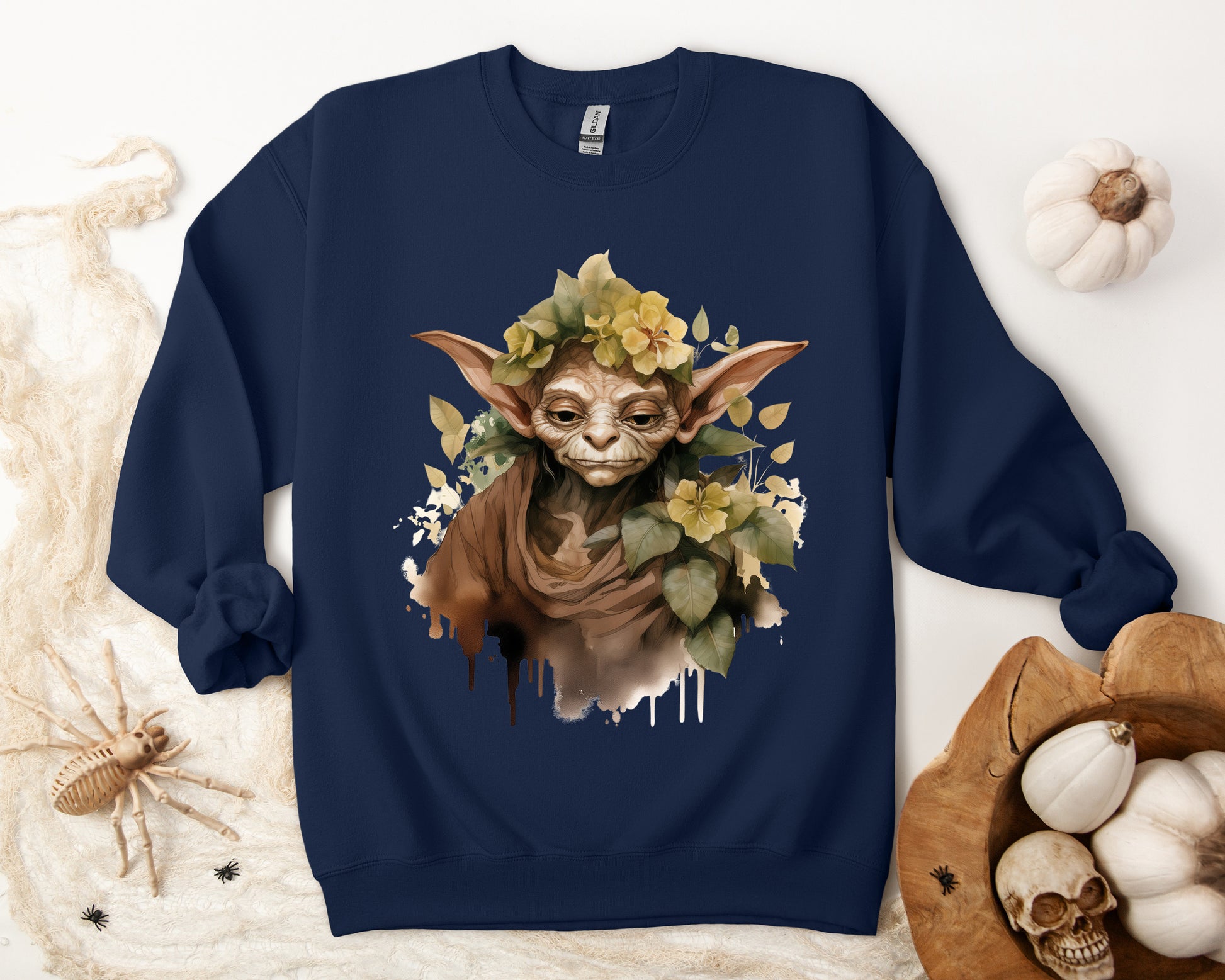 Mystical Goblin Boho Halloween Sweatshirt with a hand-drawn goblin illustration and boho-inspired design elements. Perfect for Halloween celebrations. Available in multiple dark and light colors and sizes. Gildan 18000 sweatshirt in Navy. ReadyShirtAim.com