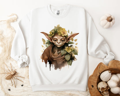 Mystical Goblin Boho Halloween Sweatshirt with a hand-drawn goblin illustration and boho-inspired design elements. Perfect for Halloween celebrations. Gildan 18000 sweatshirt in White. ReadyShirtAim.com