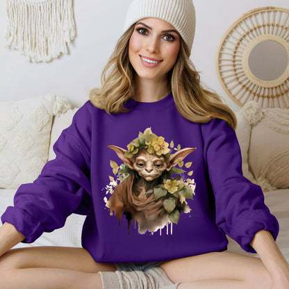 Mystical Goblin Boho Halloween Sweatshirt with a hand-drawn goblin illustration and boho-inspired design elements. Perfect for Halloween celebrations. Gildan 18000 sweatshirt in Purple. ReadyShirtAim.com