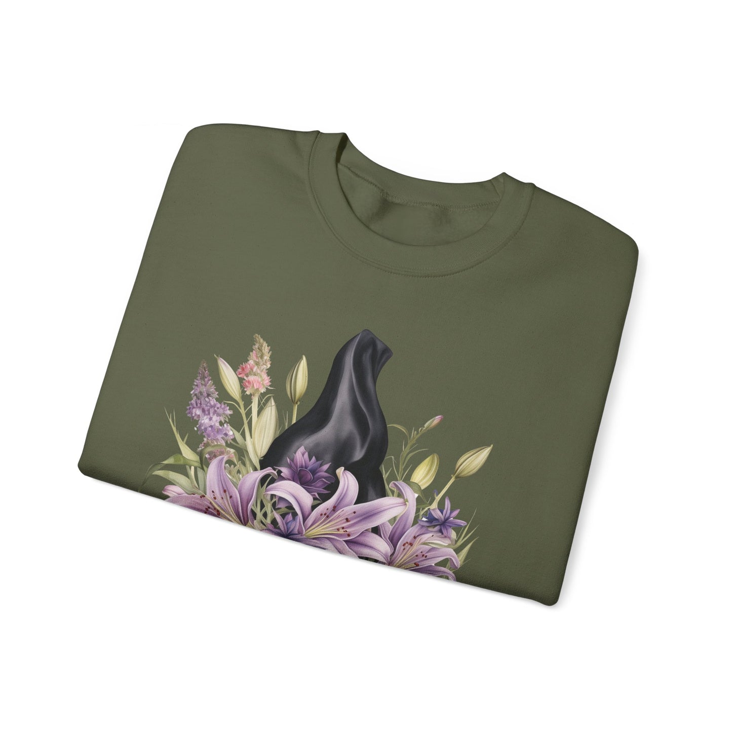 Mystical Floral Witch Hat Sweatshirt featuring a watercolor illustration of a black witch hat with flowers in purple, pink, and green. Available in multiple dark and light colors and sizes. Gildan 18000 sweatshirt in Military Green. ReadyShirtAim.com