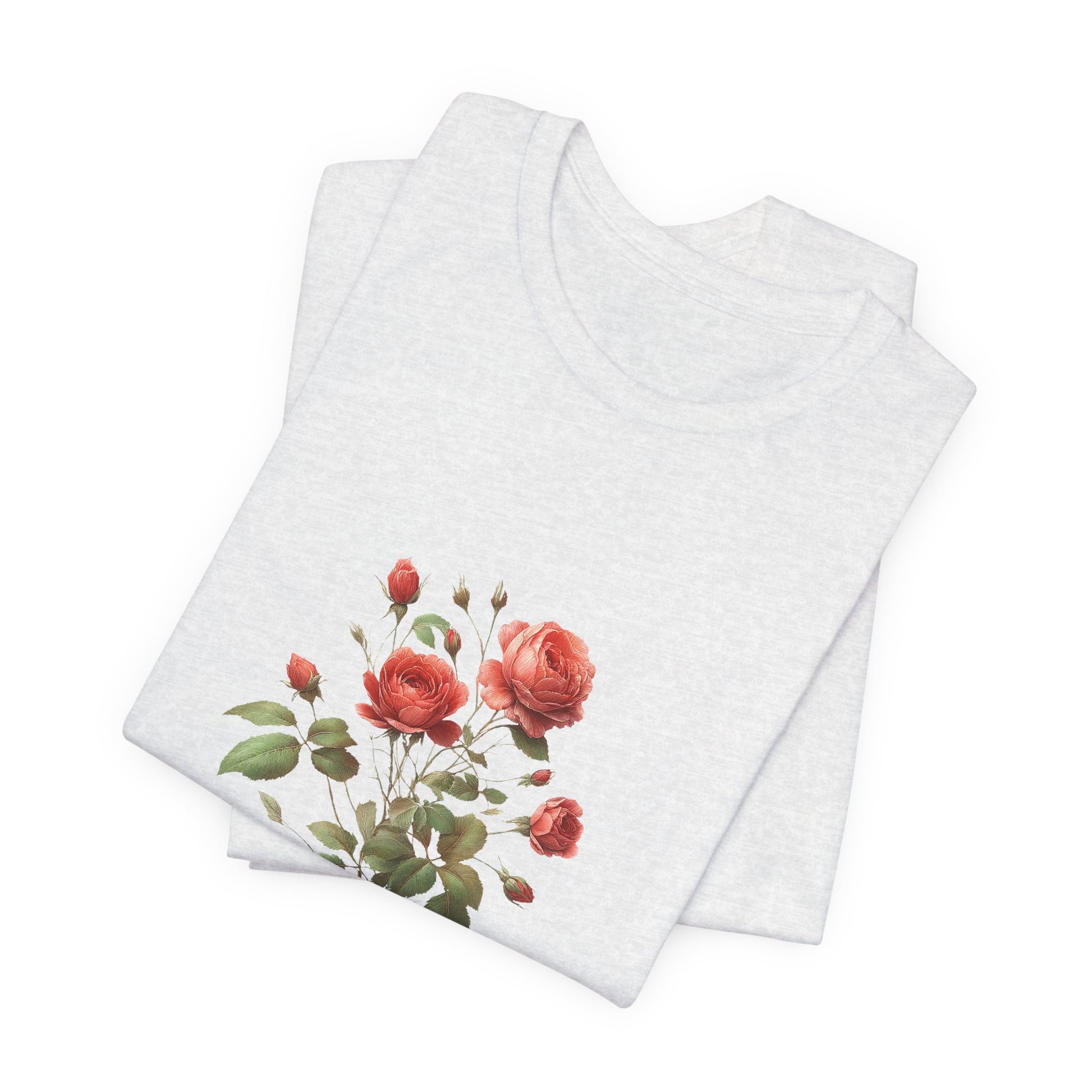 A t-shirt featuring a beautiful rose for June. Perfect for June birthdays and floral art lovers. Comfortable and stylish for casual outings or celebrations. Bella+Canvas 3001 t-shirt in ash. ReadyShirtAim.com