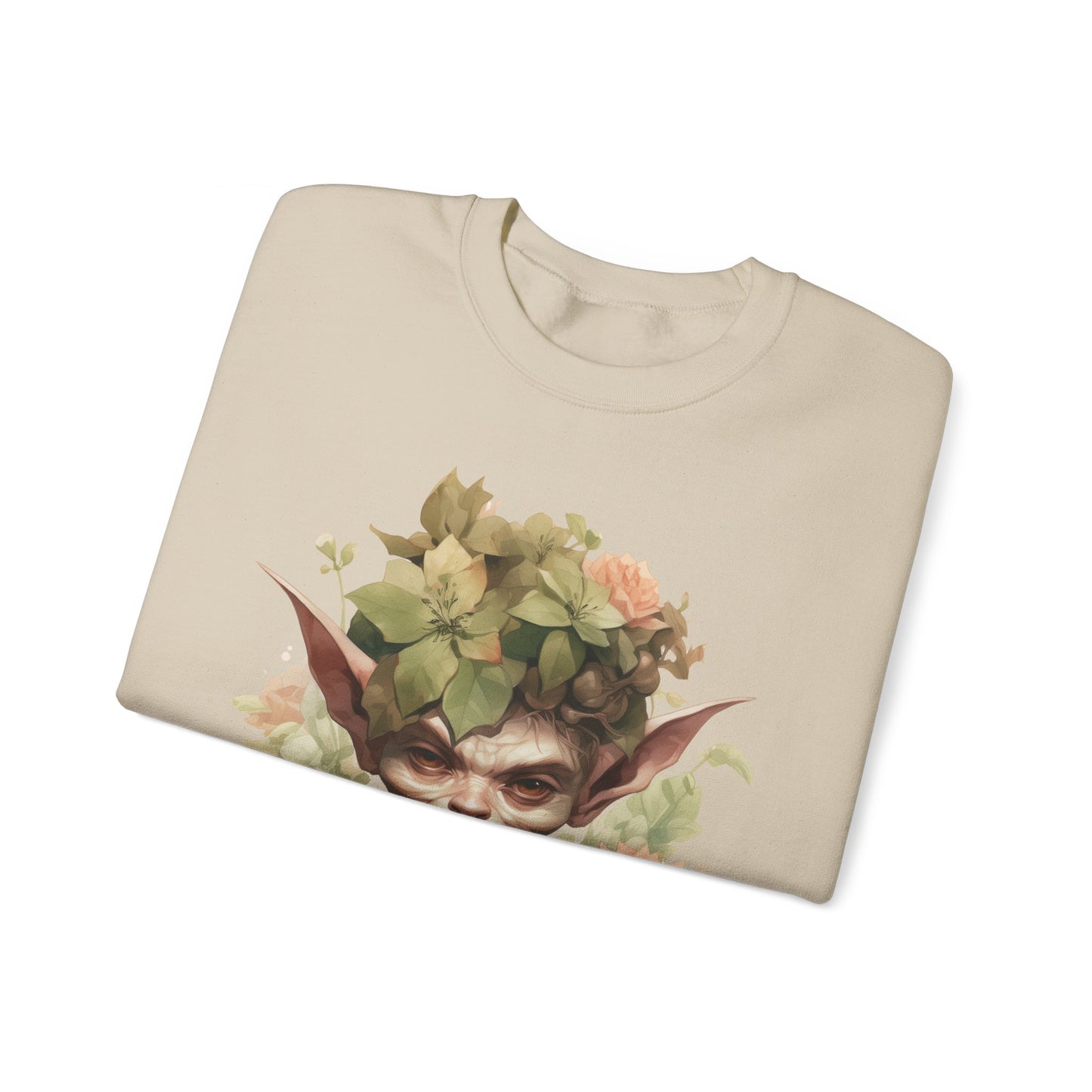 Whimsical Goblin & Floral Boho Halloween Sweatshirt for women. Features a charming goblin surrounded by delicate florals. Perfect for Halloween celebrations. Available in multiple dark and light colors and sizes. Gildan 18000 sweatshirt in Sand. ReadyShirtAim.com