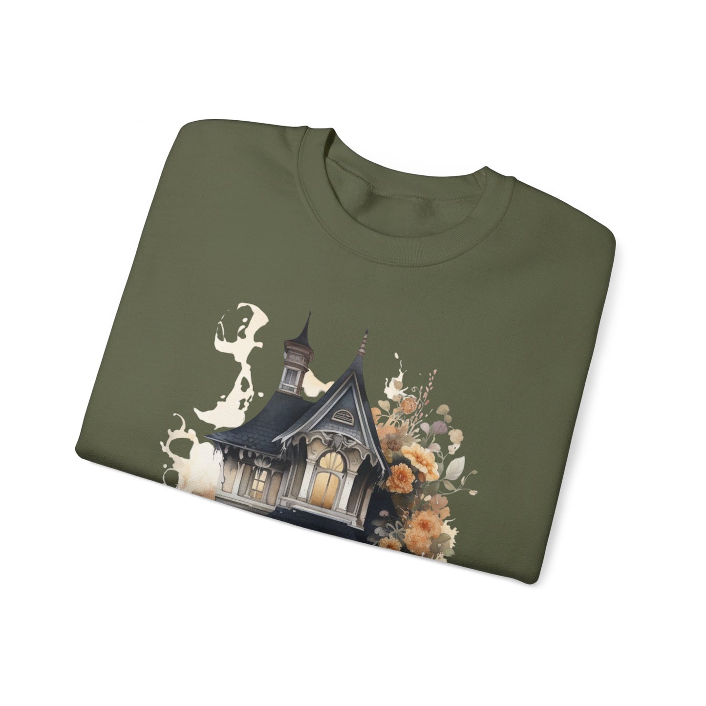 Halloween Boho Sweatshirt for Women featuring a haunted house illustration with boho design elements. Perfect for autumn festivities and casual wear. Gildan 18000 sweatshirt in Military Green. ReadyShirtAim.com