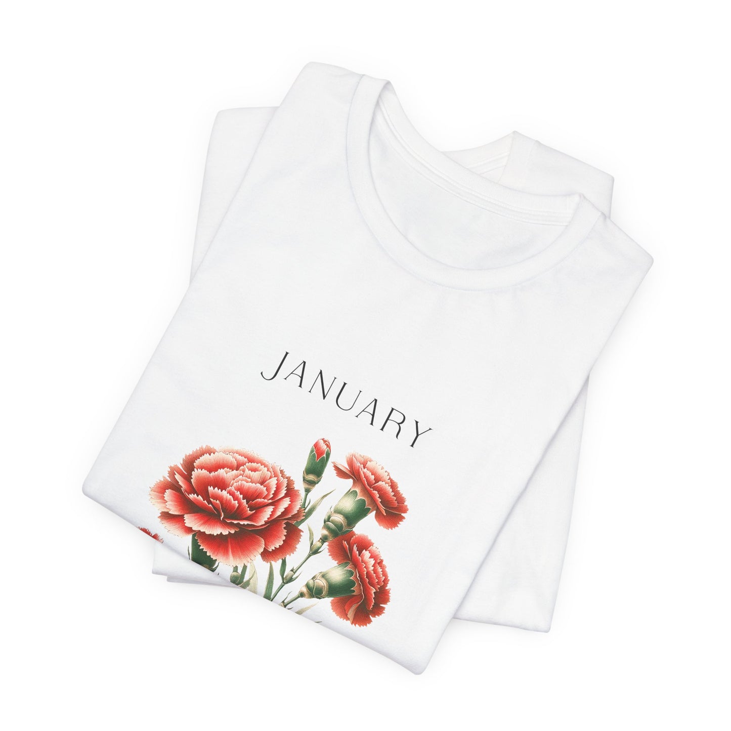 A t-shirt featuring a beautiful carnation for January with traits Devotion, Love, Loyalty. Perfect for January birthdays and floral art lovers. Comfortable and stylish for casual outings or celebrations. Bella+Canvas 3001 t-shirt in white. ReadyShirtAim.com