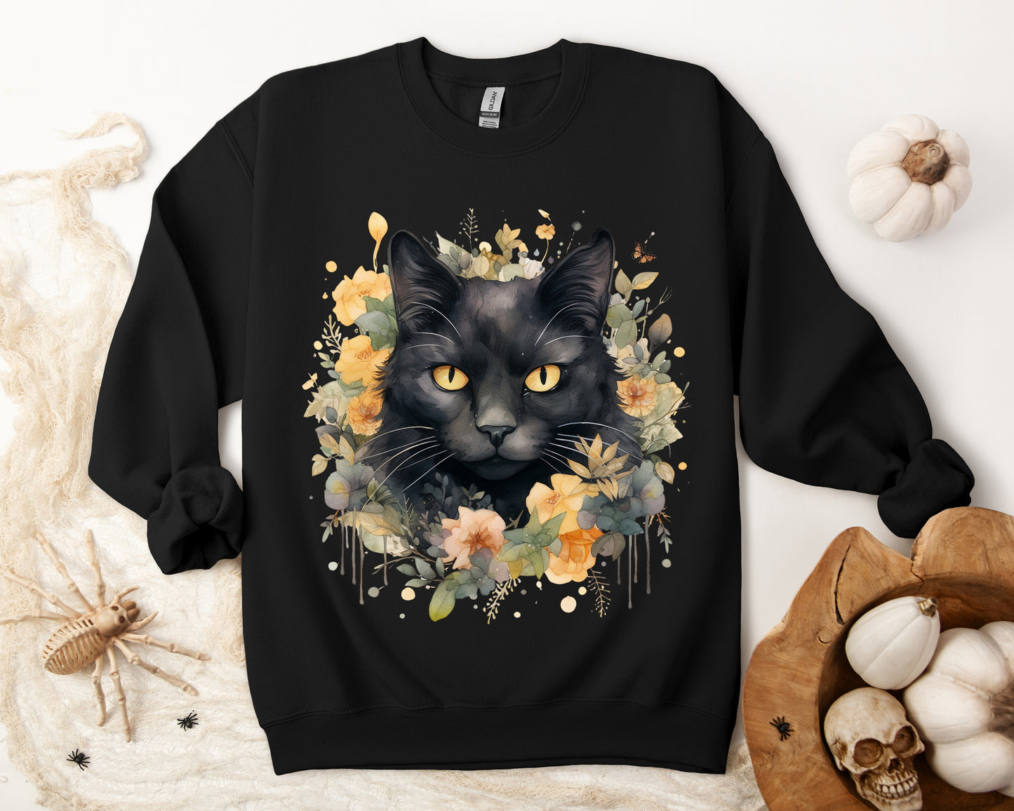 Sudadera Boho de Halloween con cara de gato negro "Celestial Whimsy" - Unisex