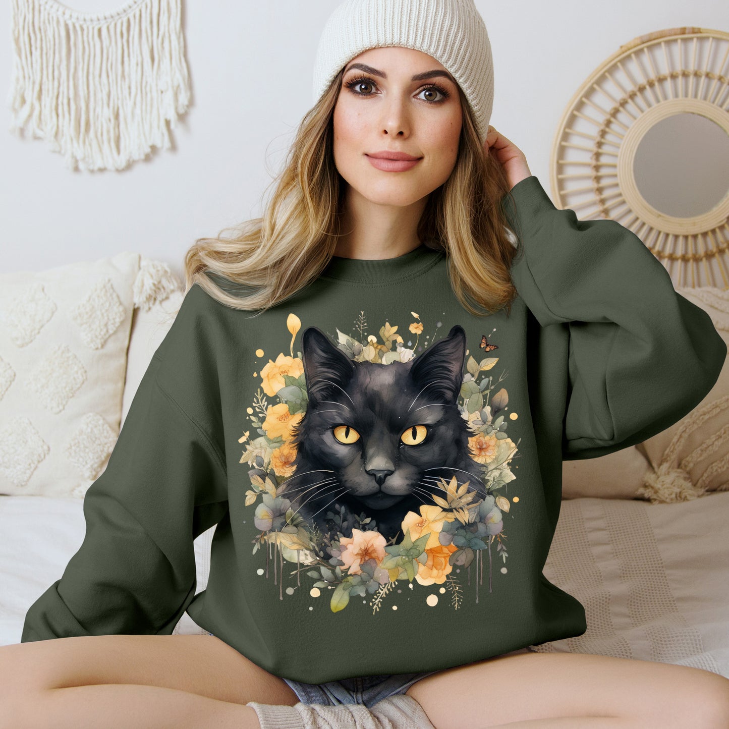 Sudadera Boho de Halloween con cara de gato negro "Celestial Whimsy" - Unisex