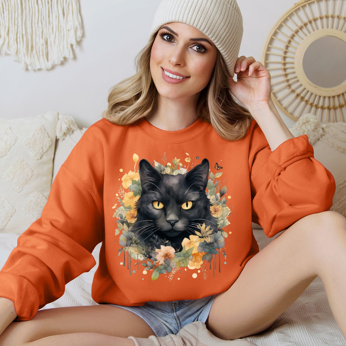 Sudadera Boho de Halloween con cara de gato negro "Celestial Whimsy" - Unisex