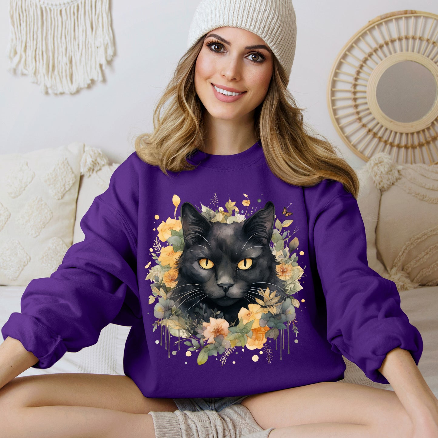 Sudadera Boho de Halloween con cara de gato negro "Celestial Whimsy" - Unisex