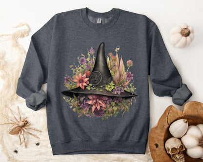 Gothic Boho Witch Hat & Flowers Halloween Sweatshirt for Women with a detailed witch hat and floral illustration. Perfect for Halloween celebrations. Available in multiple dark and light colors and sizes. Gildan 18000 sweatshirt in Dark Grey Heather. ReadyShirtAim.com