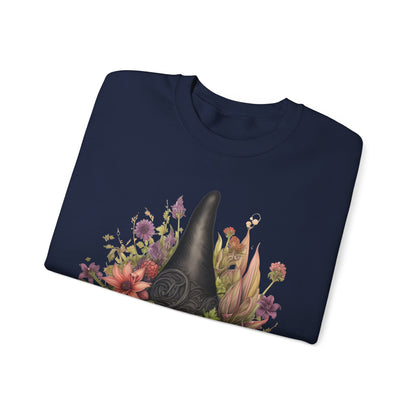 Gothic Boho Witch Hat & Flowers Halloween Sweatshirt for Women with a detailed witch hat and floral illustration. Perfect for Halloween celebrations. Available in multiple dark and light colors and sizes. Gildan 18000 sweatshirt in Navy. ReadyShirtAim.com