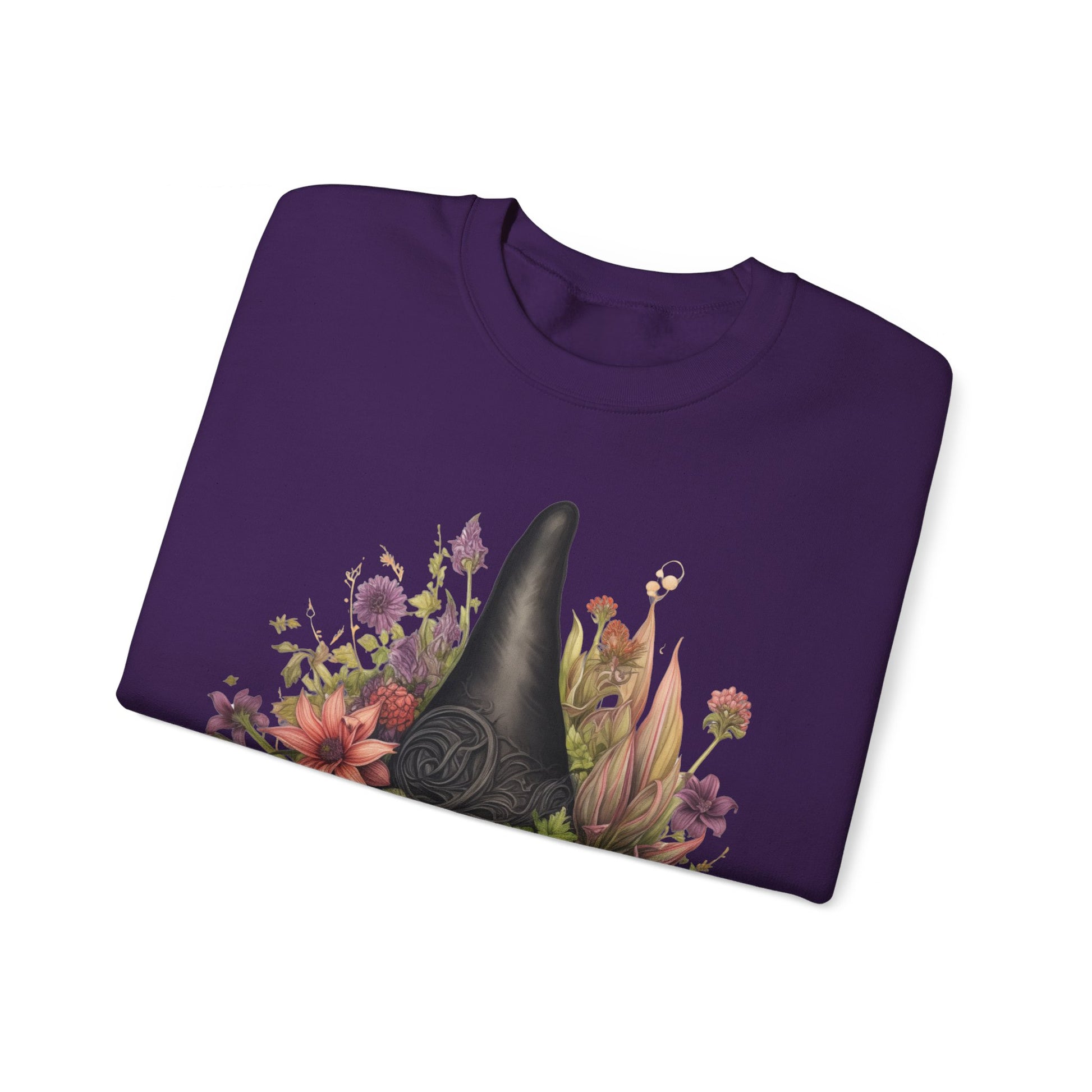 Gothic Boho Witch Hat & Flowers Halloween Sweatshirt for Women with a detailed witch hat and floral illustration. Perfect for Halloween celebrations. Available in multiple dark and light colors and sizes. Gildan 18000 sweatshirt in Purple. ReadyShirtAim.com