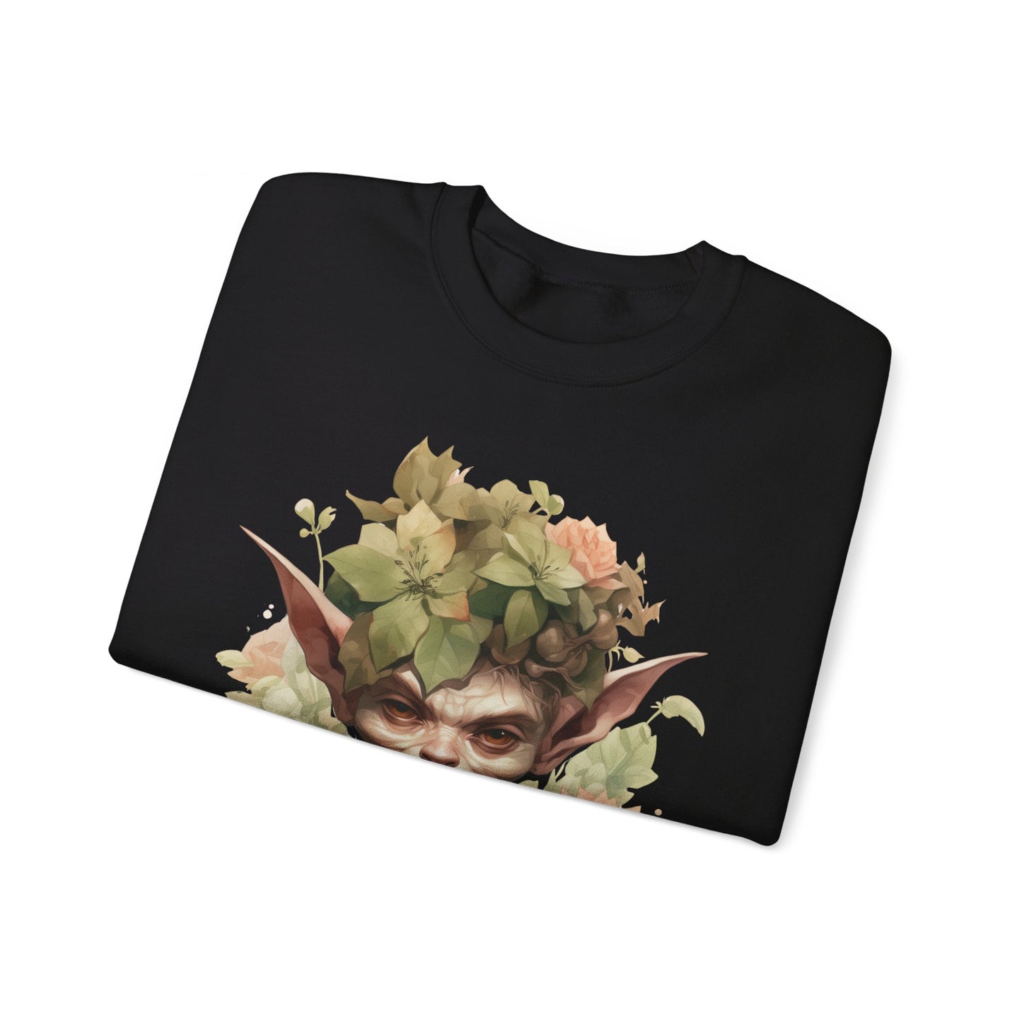 Whimsical Goblin & Floral Boho Halloween Sweatshirt for women. Features a charming goblin surrounded by delicate florals. Perfect for Halloween celebrations. Available in multiple dark and light colors and sizes. Gildan 18000 sweatshirt in Black. ReadyShirtAim.com