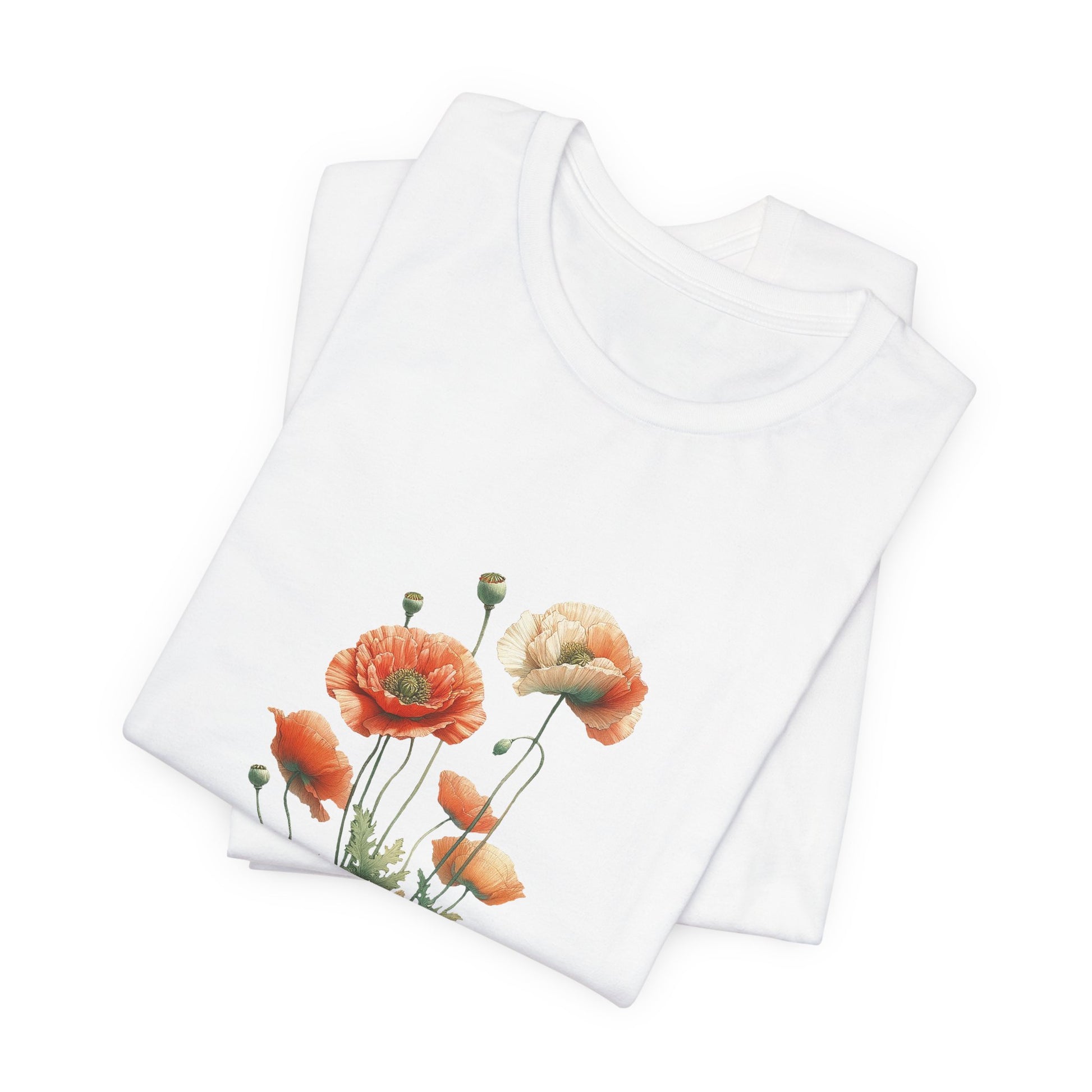 A t-shirt featuring a beautiful poppy for August. Perfect for August birthdays and floral art lovers. Comfortable and stylish for casual outings or celebrations. Bella+Canvas 3001 t-shirt in white. ReadyShirtAim.com