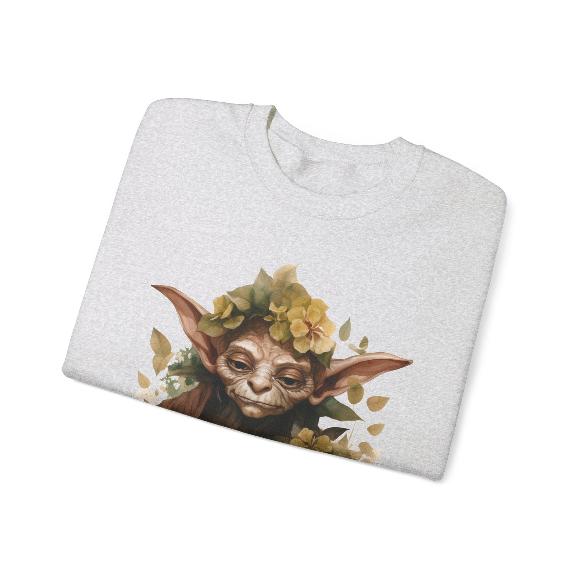 Mystical Goblin Boho Halloween Sweatshirt with a hand-drawn goblin illustration and boho-inspired design elements. Perfect for Halloween celebrations. Available in multiple dark and light colors and sizes. Gildan 18000 sweatshirt in Ash. ReadyShirtAim.com