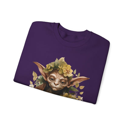 Mystical Goblin Boho Halloween Sweatshirt with a hand-drawn goblin illustration and boho-inspired design elements. Perfect for Halloween celebrations. Gildan 18000 sweatshirt in Purple. ReadyShirtAim.com