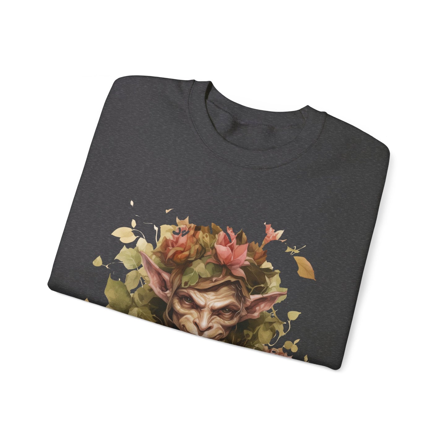 Boho Goblin Magic Halloween Sweatshirt for women. Features a charming goblin surrounded by muted florals. Perfect for Halloween celebrations. Available in multiple dark and light colors and sizes. Gildan 18000 sweatshirt in dark grey heather. ReadyShirtAim.com