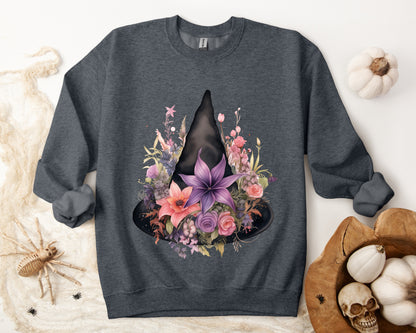 Feminine Witchy Vibes Boho Halloween Sweatshirt for her, featuring a watercolor illustration of a black witch hat and flowers in purple, pink, and green. Available in multiple dark and light colors and sizes. Gildan 18000 sweatshirt in Dark Grey Heather. ReadyShirtAim.com