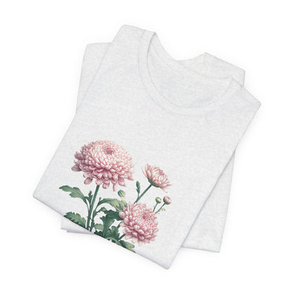 A t-shirt featuring a beautiful chrysanthemum for November. Perfect for November birthdays and floral art lovers. Comfortable and stylish for casual outings or celebrations. Bella+Canvas 3001 t-shirt in ash. ReadyShirtAim.com