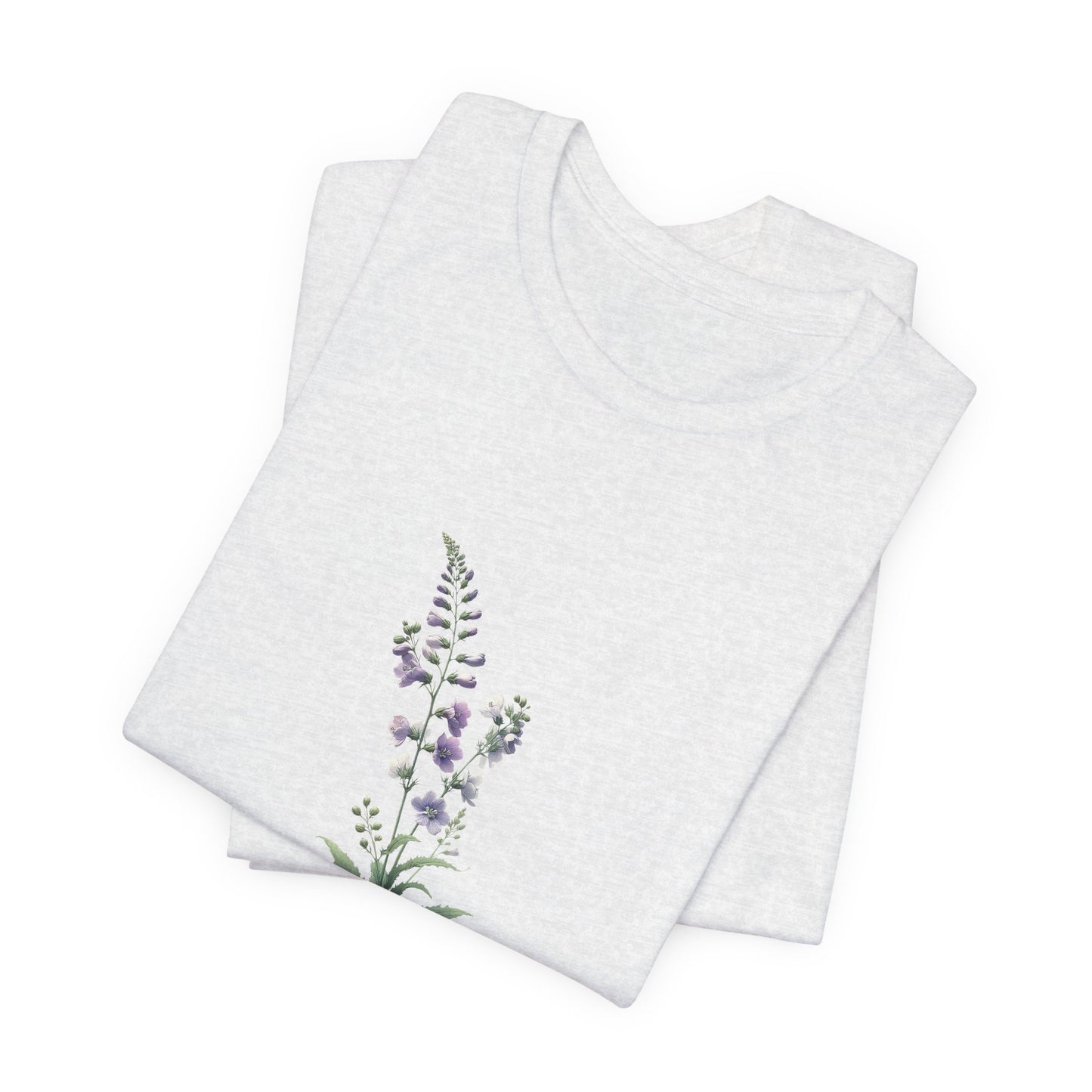 A t-shirt featuring a beautiful larkspur for July. Perfect for July birthdays and floral art lovers. Comfortable and stylish for casual outings or celebrations. Bella+Canvas 3001 t-shirt in ash. ReadyShirtAim.com