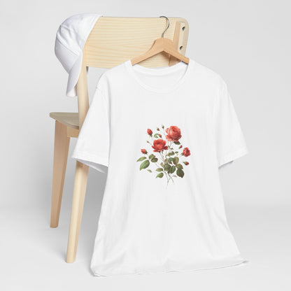 A t-shirt featuring a beautiful rose for June. Perfect for June birthdays and floral art lovers. Comfortable and stylish for casual outings or celebrations. Bella+Canvas 3001 t-shirt in white. ReadyShirtAim.com