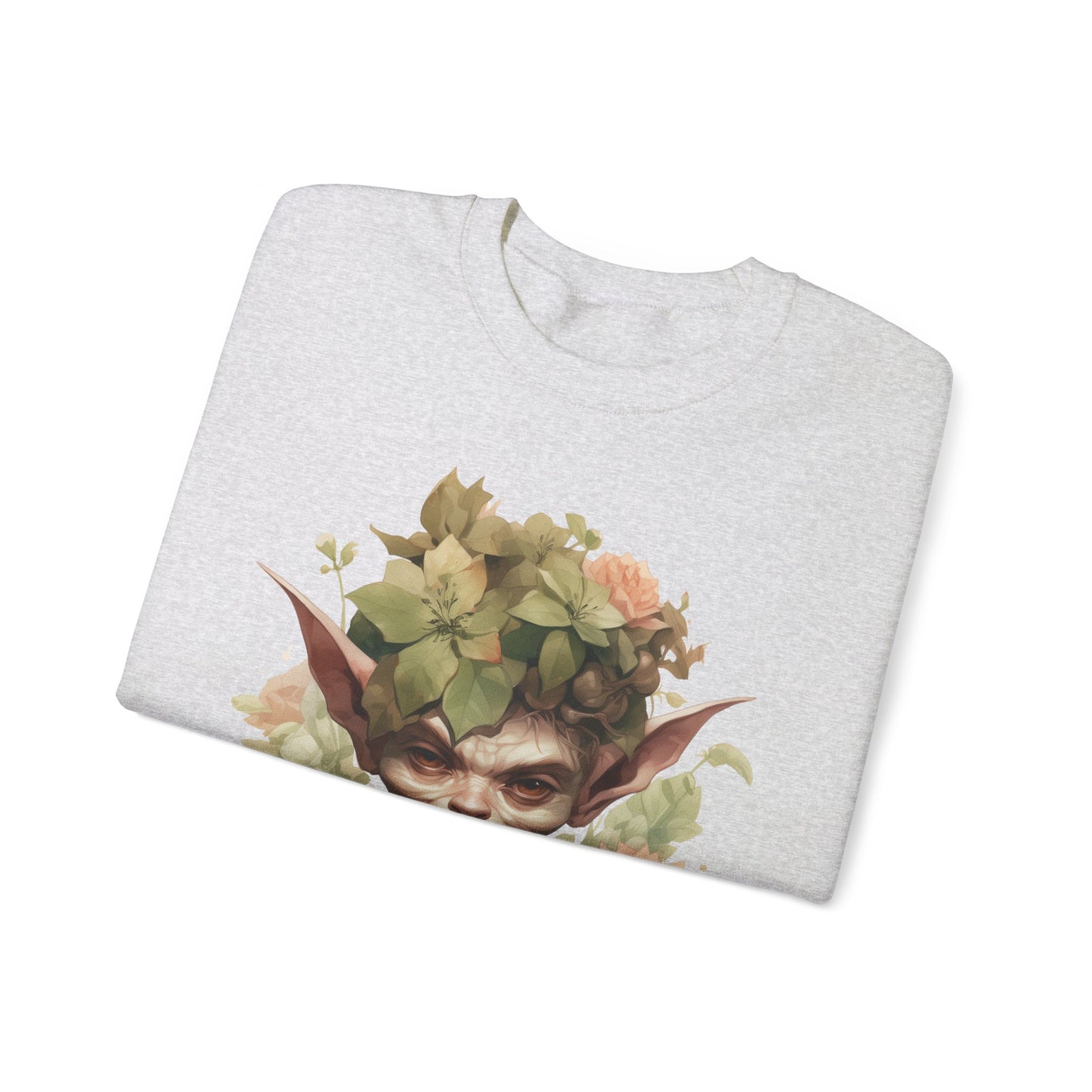 Whimsical Goblin & Floral Boho Halloween Sweatshirt for women. Features a charming goblin surrounded by delicate florals. Perfect for Halloween celebrations. Available in multiple dark and light colors and sizes. Gildan 18000 sweatshirt in ash. ReadyShirtAim.com