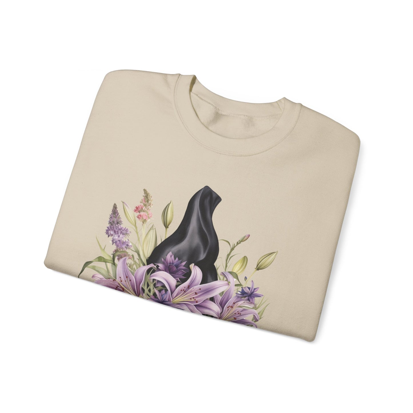 Mystical Floral Witch Hat Sweatshirt featuring a watercolor illustration of a black witch hat with flowers in purple, pink, and green. Available in multiple dark and light colors and sizes. Gildan 18000 sweatshirt in Sand. ReadyShirtAim.com