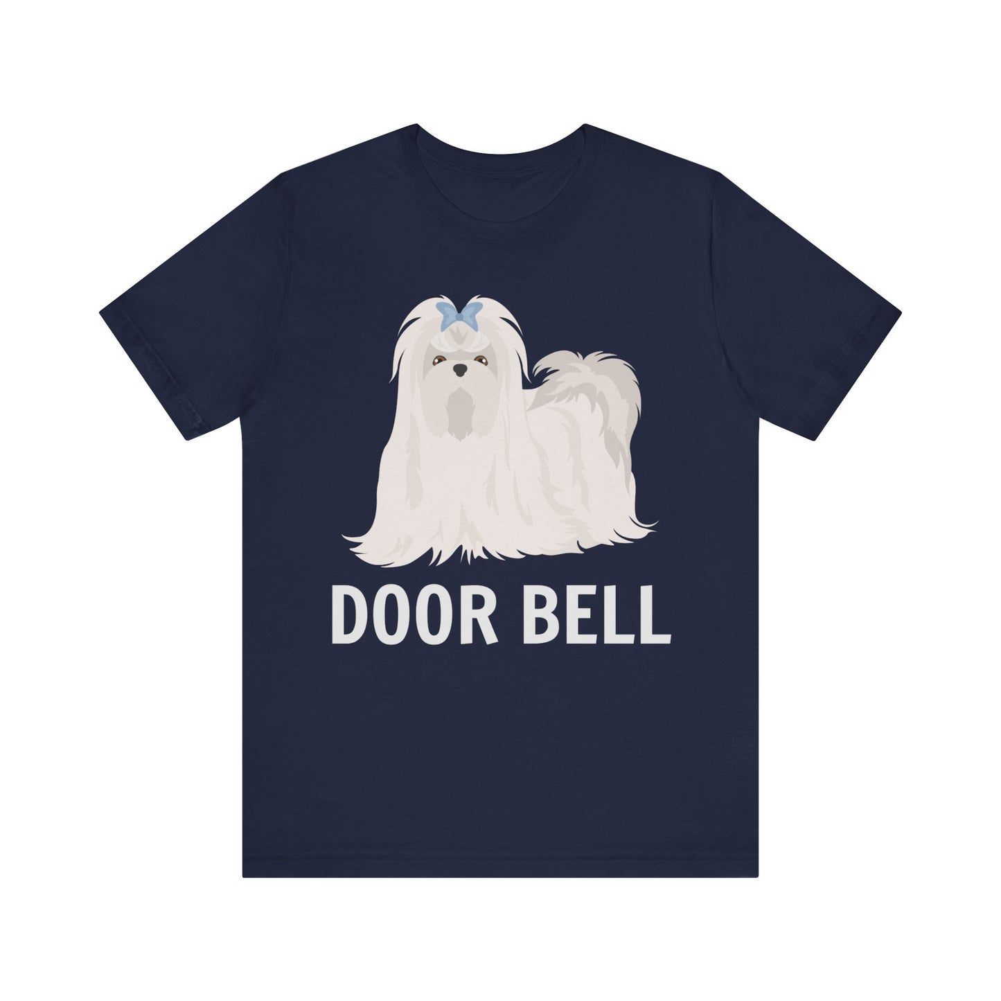 "Door Bell" Maltese Dog T-Shirt for Unisex with a beige silhouette of a Maltese dog and playful "Door Bell" text underneath. Ideal for dog lovers with a sense of humor. Bella+Canvas 3001 t-shirt in navy. ReadyShirtAim.com