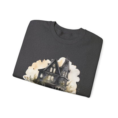 Halloween Boho Sweatshirt for Women featuring a mystical midnight haunted house illustration with boho design accents. Perfect for autumn festivities and casual wear. Available in multiple dark and light colors and sizes. Gildan 18000 sweatshirt in Dark Heather. ReadyShirtAim.com