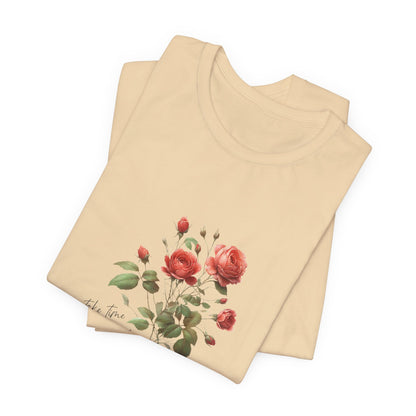 A t-shirt featuring a beautiful rose for June with the quote “Take time to make your soul happy.” Perfect for June birthdays and floral art lovers. Comfortable and stylish for casual outings or celebrations. Bella+Canvas 3001 t-shirt in soft cream. ReadyShirtAim.com