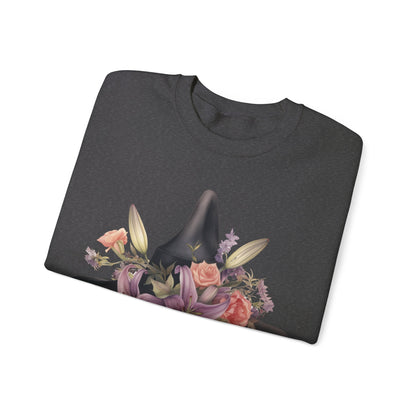 Elegant Witchy Blooms Sweatshirt with a watercolor illustration of a black witch hat and flowers in purple, pink, and green. Available in multiple dark and light colors and sizes. Gildan 18000 sweatshirt in Dark Grey Heather. ReadyShirtAim.com