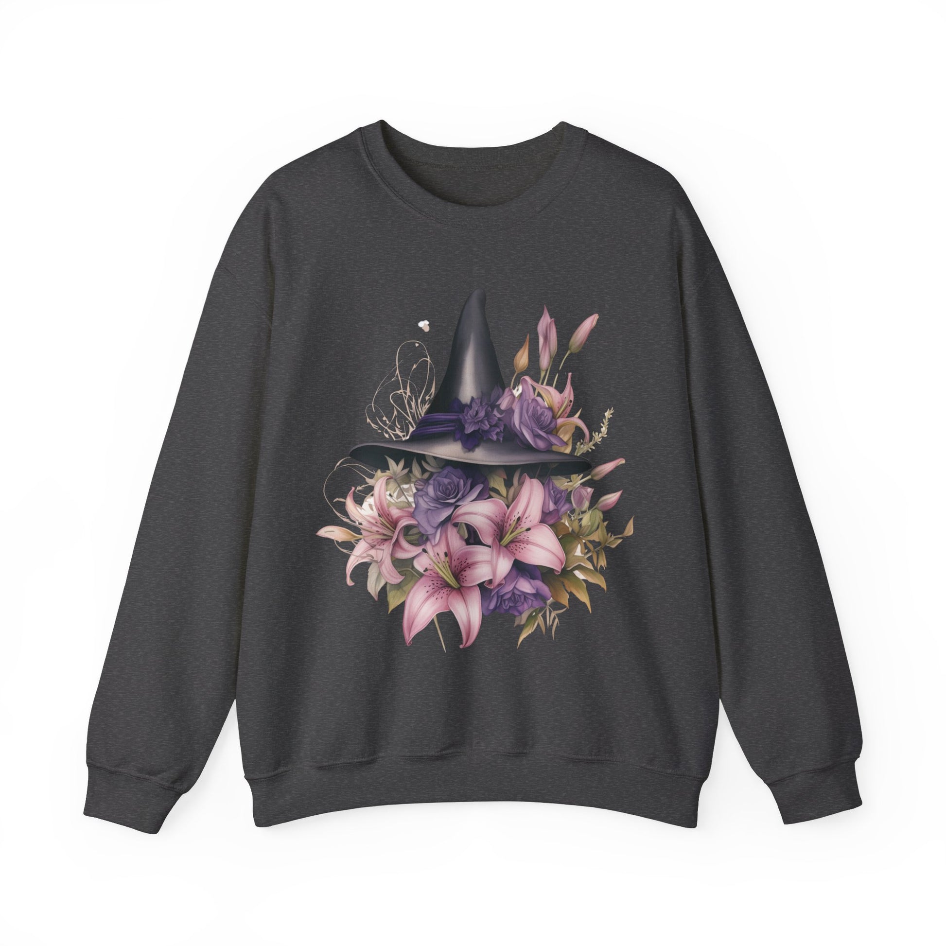 Enchanting Bohemian Witch Hat Sweatshirt with a watercolor illustration of a black witch hat surrounded by flowers in purple, pink, and green tones. Available in multiple dark ang light colors and sizes. Gildan 18000 sweatshirt in Dark Grey Heather. ReadyShirtAim.com