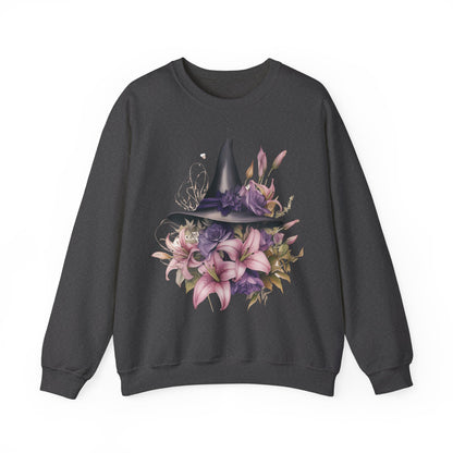 Enchanting Bohemian Witch Hat Sweatshirt with a watercolor illustration of a black witch hat surrounded by flowers in purple, pink, and green tones. Available in multiple dark ang light colors and sizes. Gildan 18000 sweatshirt in Dark Grey Heather. ReadyShirtAim.com