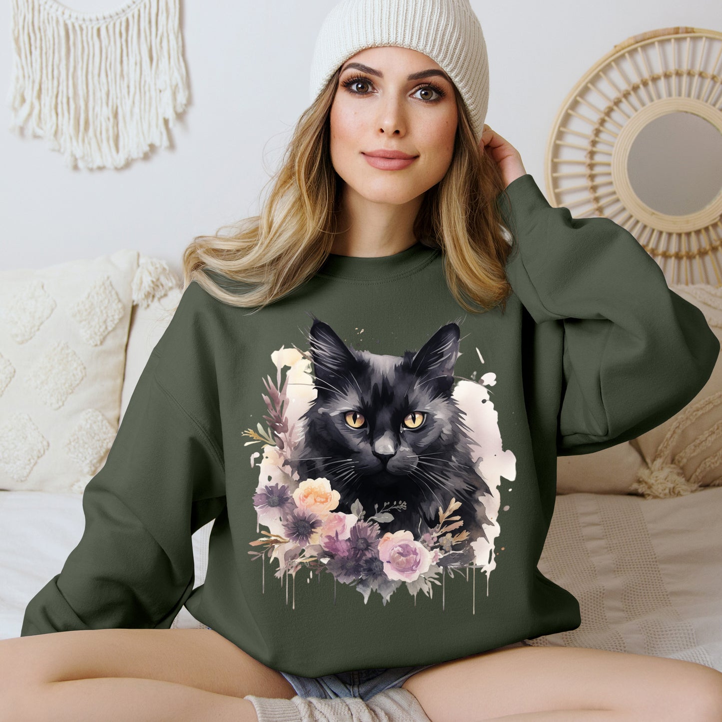 Sudadera Boho de Halloween con cara de gato negro "Moonlit Magic" - Unisex